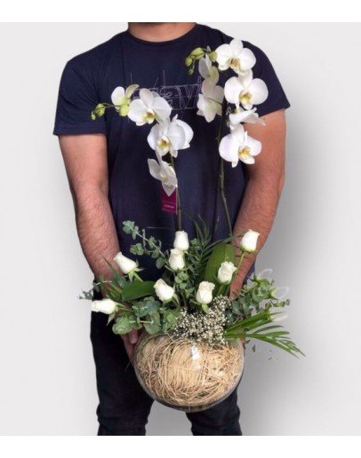 İthal Çift Dal Orkide ve Beyaz Güller